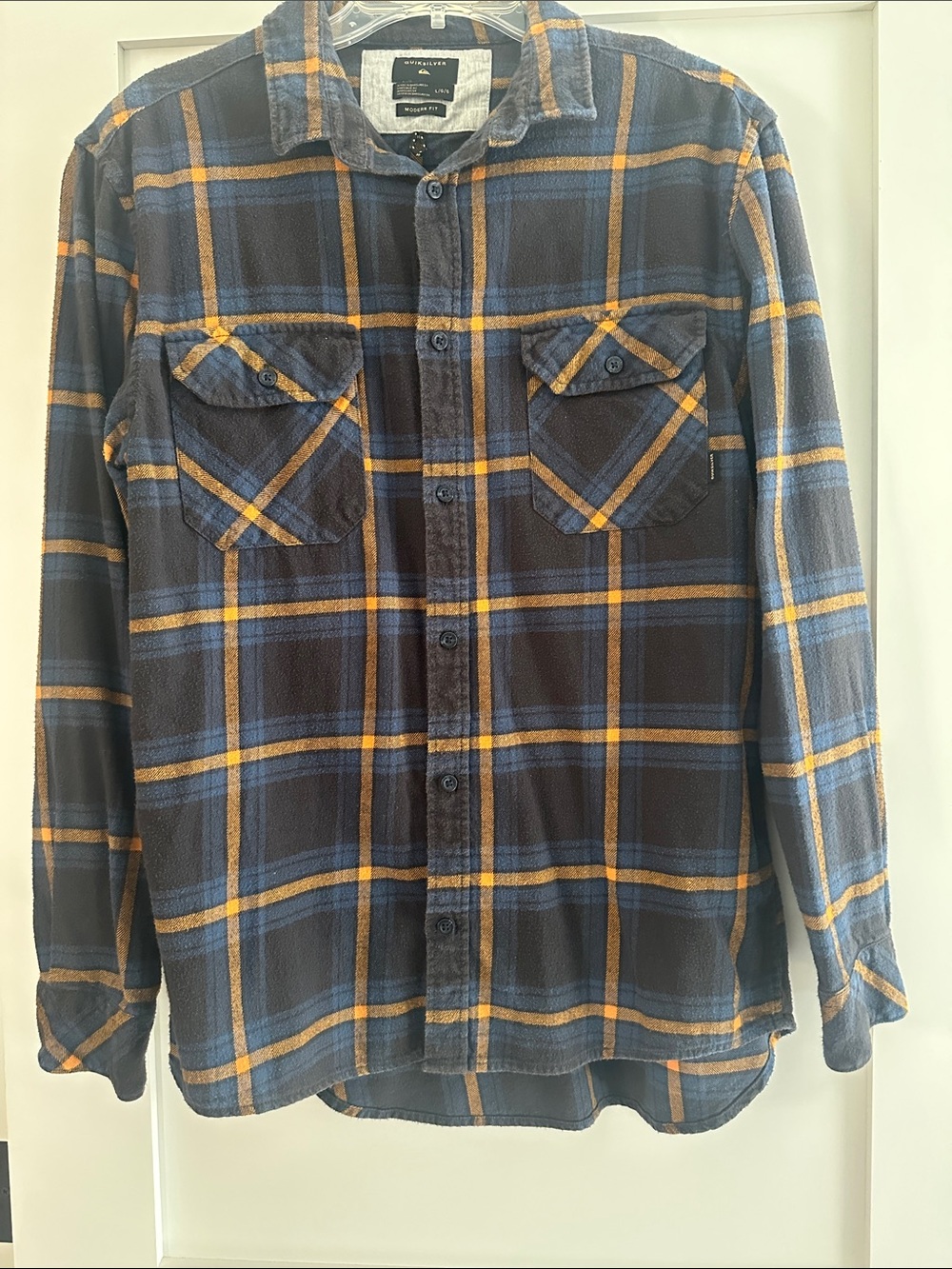 Quiksilver Navy and Mustard Plaid Button-Down Shirt/ flannel